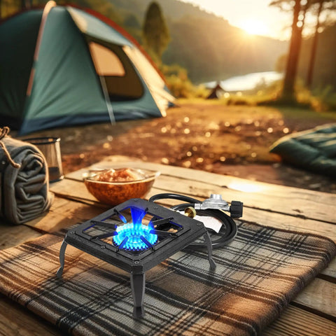 Single Burner Cast Iron Camping Stove With Adjustable Flame Portable Backpacking Friendly Outdoor Cooking Stove in camp setting