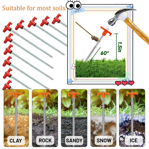 10 Pack 8 Inch Heavy Duty Screw In Tent Stakes Drill In Non Rust Ground Anchor Pegs Metal Tent Accessories for various soils