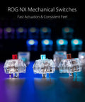 Close-up of ROG NX Mechanical Switches in red, blue, and brown colors showcasing fast actuation for compact 65 percent wireless gaming keyboard.