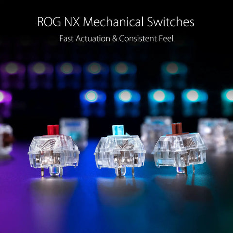 Close-up of ROG NX Mechanical Switches in red, blue, and brown colors showcasing fast actuation for compact 65 percent wireless gaming keyboard.