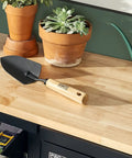Tempered Steel Hand Trowel With Wood Handle 13 Inch Garden Tool for Planting Transplanting Weeding and Soil Smoothing on wooden table