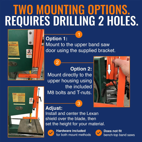 Vertical Band Saw Guard for 15 Inch Plus Saws with 7 Inch Lexan Shield, OSHA and ANSI Compliant, shows mounting options.