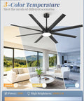 72 Inch Dope Modern Ceiling Fan With Lights And Remote Control, Dimmable 3 CCT, in a living room setting with large windows.