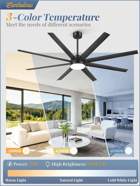72 Inch Dope Modern Ceiling Fan With Lights And Remote Control, Dimmable 3 CCT, in a living room setting with large windows.