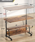 Rolling Standing Desk With Power Outlets And USB Ports, 32 Inch Manual Height Adjustable Mobile Computer Desk On Wheels dimensions