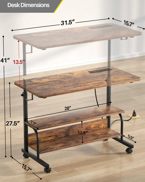 Rolling Standing Desk With Power Outlets And USB Ports, 32 Inch Manual Height Adjustable Mobile Computer Desk On Wheels dimensions