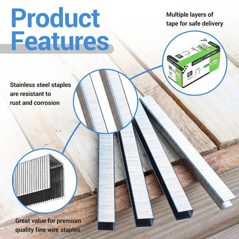 Rock Solid 71/12 304 Stainless Steel Upholstery Staples 22 Gauge 3/8 Crown 1/2 Leg Built Like A Tank on wooden surface.
