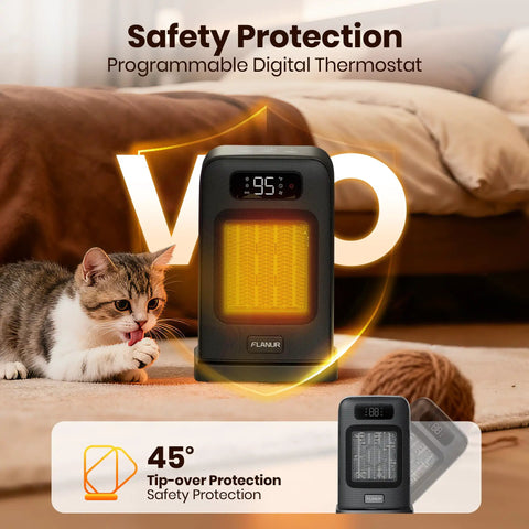 Indoor Space Heater With Remote Control 1500W Desk Heater for office and home with digital display on a living room floor