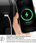 Close-up of black Pagosa 22-inch hardside carry-on with USB charging port charging a smartphone.