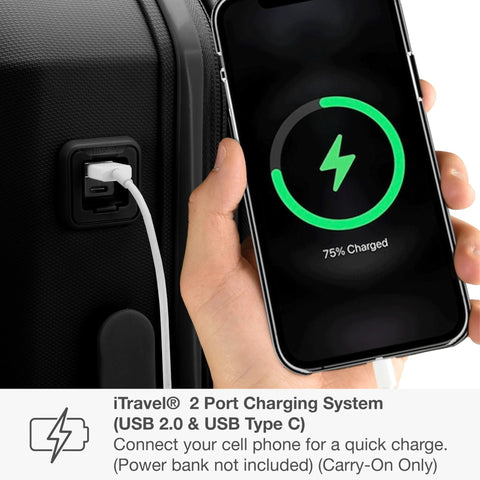 Close-up of black Pagosa 22-inch hardside carry-on with USB charging port charging a smartphone.