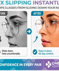D Shape Silicone Screw In Nose Pads For Glasses 13MM Small 10 Pairs shown preventing glasses from slipping down the nose.