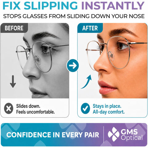 D Shape Silicone Screw In Nose Pads For Glasses 13MM Small 10 Pairs shown preventing glasses from slipping down the nose.