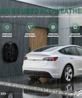 Universal Level 2 J1772 EV Charger Cover Tough As Nails Heavy Duty Outlet Guard against rain on a car in an all-weather setting.