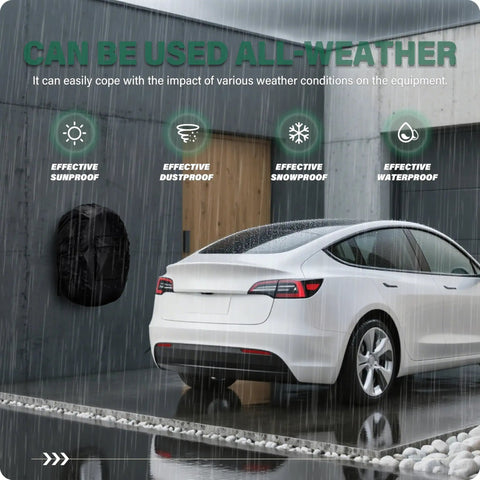 Universal Level 2 J1772 EV Charger Cover Tough As Nails Heavy Duty Outlet Guard against rain on a car in an all-weather setting.