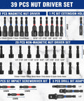 39-Piece Magnetic Nut Driver Set With Impact Socket Adapters, SAE And Metric Cr-V Steel Power Nut Drivers displayed with sizes