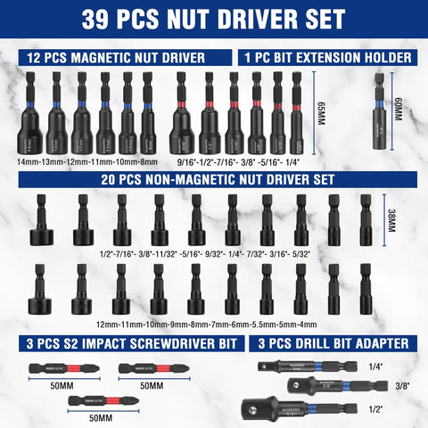 39-Piece Magnetic Nut Driver Set With Impact Socket Adapters, SAE And Metric Cr-V Steel Power Nut Drivers displayed with sizes