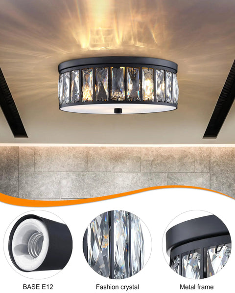 Crystal K9 Farmhouse Drum Semi Flush Mount Ceiling Light With Black Finish showcasing 3-light design with K9 crystals.