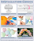 CORALMEE 6IN1 Balloon Arch Stand Kit installation guide collage showing base, tubes, balloon pump, clips, and finished arch.
