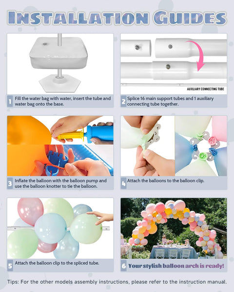 CORALMEE 6IN1 Balloon Arch Stand Kit installation guide collage showing base, tubes, balloon pump, clips, and finished arch.