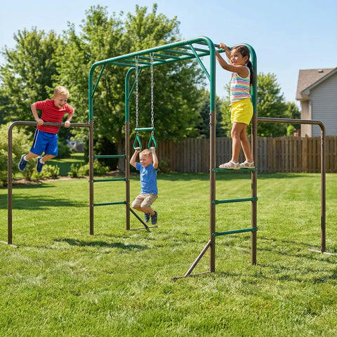 Children playing on 3 In 1 Monkey Bars Set With Gymnastics Bars And Trapeze Swing For Backyard Fun, Heavy Duty Metal Frame Supports Up To 400 Lbs.