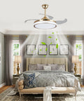 Ceiling Fan Light with Handheld Controller, 48W Illuminated Lamp for in a stylish bedroom setting with gray decor.