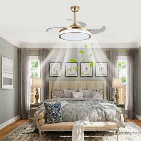 Ceiling Fan Light with Handheld Controller, 48W Illuminated Lamp for in a stylish bedroom setting with gray decor.