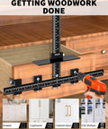 Aluminum Cabinet Hardware Jig With Center Punch For Precise Handle And Drawer Installations Pro Grade Template Tool shown installed on wooden drawer for precise drilling.