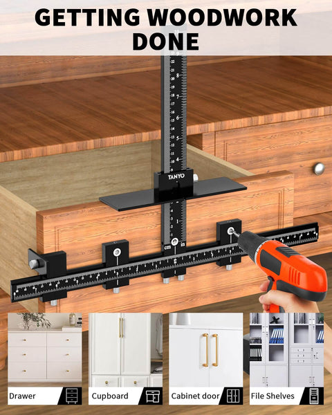 Aluminum Cabinet Hardware Jig With Center Punch For Precise Handle And Drawer Installations Pro Grade Template Tool shown installed on wooden drawer for precise drilling.