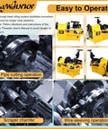 Heavy Duty Electric Pipe Threading Machine And Cutter 220V 750W displaying pipe cutting operation and features.