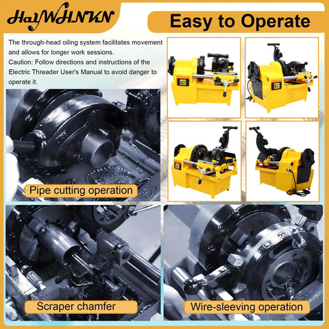 Heavy Duty Electric Pipe Threading Machine And Cutter 220V 750W displaying pipe cutting operation and features.