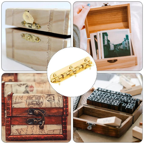 90 Degree Antique Small Hinges For Jewelry Boxes And Cabinets shown with wooden and decorative boxes, pro grade piano hinge