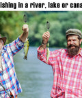 Two anglers holding fish with 10 Pack Spring Fishing Feeder Bait Cage Holder for Carp and Bream Tackle in a scenic river.