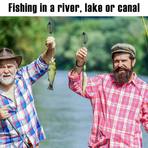 Two anglers holding fish with 10 Pack Spring Fishing Feeder Bait Cage Holder for Carp and Bream Tackle in a scenic river.
