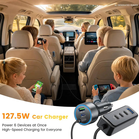 Super Fast 127.5W Usb C Car Charger With Six Powerful Ports For Blazing Quick Device Power Ups And Seamless Travel Vibes On Your Favorite Whip For Weekend Getaways And Daily Commutes, used by family in SUV.