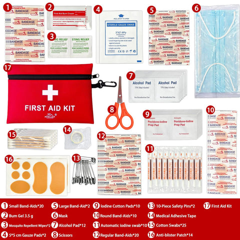 Front view: red travel-size first aid kit pouch with white cross; shows bandages, scissors, alcohol pads, swabs, tape (152 pcs).