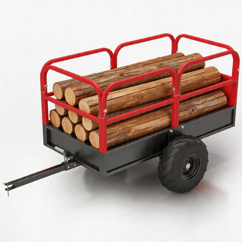 Beast Of A 1700 Lbs Heavy Duty Steel Dump Trailer For Yard And Farm Use shown with firewood and removable sides