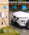 Beefy Level 2 EV Charger 48 Amp 240V with metal enclosure outdoors, NEMA 14-50 plug, connected to electric vehicle in rain