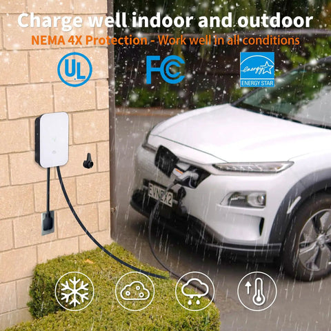 Beefy Level 2 EV Charger 48 Amp 240V with metal enclosure outdoors, NEMA 14-50 plug, connected to electric vehicle in rain