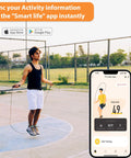 Man using No-Tangle Fast Speed Jump Rope With Counter, App Connected, Adjustable Length For All Heights, with app screen displayed.