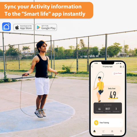 Man using No-Tangle Fast Speed Jump Rope With Counter, App Connected, Adjustable Length For All Heights, with app screen displayed.
