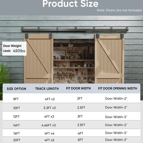 10 Foot Box Rail Exterior Barn Door Hardware Kit For Two Doors System Wall Mount Sliding Track Kit Black Heavy Duty Galvanized Steel Supports Doors Up To 450 Lbs Panels From One Three Eighths To One Three Quarter Inches Thick Doors Not Included, showing track and weight limit chart.