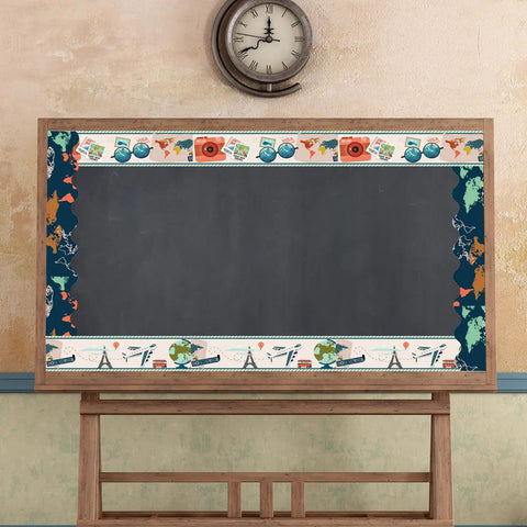 Travel World Map Bulletin Board Borders 70.8Ft Set Of 72 Pieces In Four Designs With Scalloped And Straight Trim on classroom board