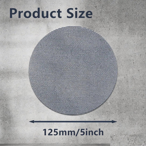 Close-up of a single 5 inch mesh sanding disc, product size 125mm, from 50 Pack 5 Inch Mesh Sanding Discs Set With Grits 80 120 180 240 320 Dust Free Hook And Loop Round Discs For Drywall Sander And Random Orbital Sander Pro DIY Friendly Works With Most 5 Inch Sander Heads For Easy Dust Extraction.