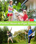Children playing with water hose, highlighting Heavy Duty Stainless Steel Hose Barb Fittings 1-1/2 Inch To 1-1/2 Inch NPT Male Threaded Connectors.