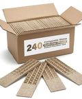 Heavy Duty Composite Wood Shims For Leveling And Spacing Built Tough To Resist Moisture And Warping While Delivering Dead Flat Results Indoors Or Outside With Precision Molded Edges And A Rock Solid Two Hundred Forty Piece Pack For Pros in tan box with shims visible.
