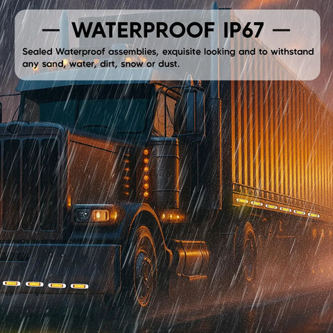 Truck in rain with 10 Pack Amber LED Side Marker Lights With Clear Lenses 2 Wire Plug 12V DC Waterproof Fender Lamps