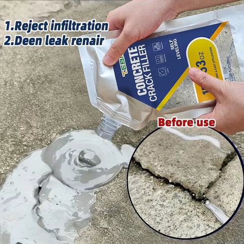 Heavy Duty Concrete Crack Filler Featuring Snap Tight Grip Annular Gap Seal For Grounding Rods Gas Pipes And Wall Sleeves With Rugged Flex Waterproof Mastick That Absorbs Vibration No Fuss Install in use on a cracked concrete surface.