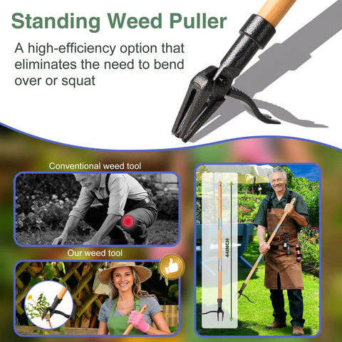 Stand Up Weed Puller Tool With Long Wooden Handle Foot Platform Design 4 Claw Steel Head And Removable 3 Section Pole Garden Tool, 44 inch