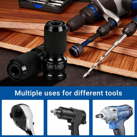 Two Piece Three Eighths To One Quarter Inch Impact Wrench Adapter Set With Quick Release Bit Holder In CrMo Steel, black.