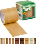 Classic Maple Wood Grain Repair Tape For Fast Furniture Touch Ups That Smooths Out Scratches And Scuffs On Cabinets Shelves And Dining Tables Self Adhesive Peel Roll displayed next to packaging.